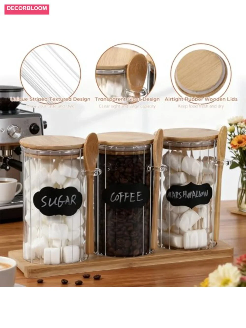 Set of 3 Glass Coffee Canister with Bamboo Lids & Spoons, Airtight Food Storage
